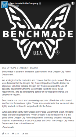 Benchmade issues statement addressing the destruction of firearms in their facility. 