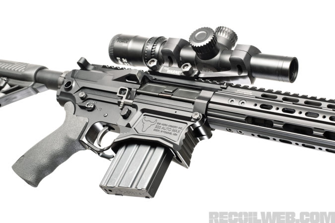 The AR500 is based off of an AR-10 sized receiver set, explaining this immense, and handsomely sculpted, magazine well.