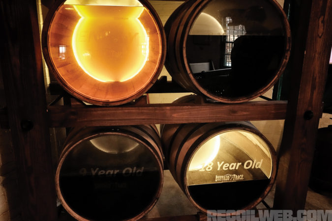 This display at Buffalo Trace gives a visual representation of how much bourbon is lost through the Angels’ Share. The upper left barrel is a freshly corked barrel. The bottom right is what’s left after 18 years.