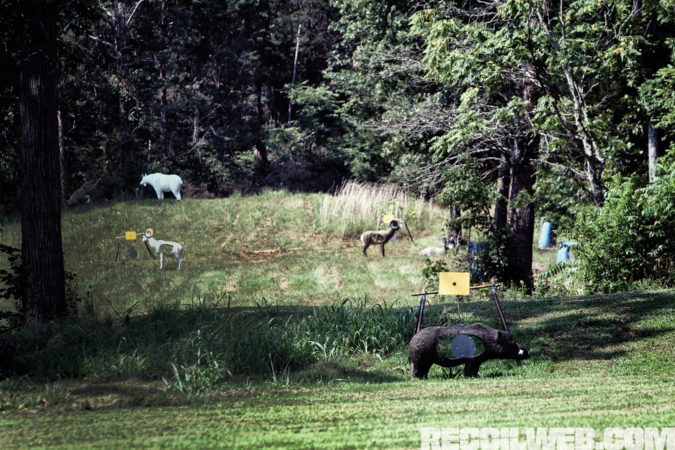 3-D archery targets used creatively in combination with steel targets to make a long-range rifle stage even cooler.