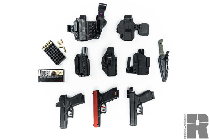 array of pistols and holsters