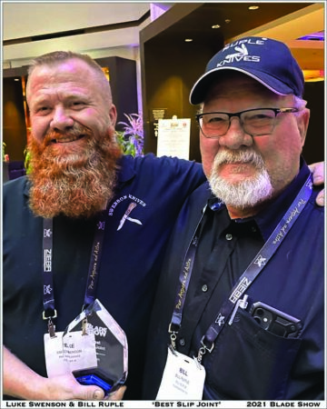 BLADE Show 2021 Best Slip Joint winner Luke Swenson (left), Bill Ruple (right) and assorted members of the South Texas Cartel will conduct the demo How to Make a Single Blade Trapper at 12 p.m. Saturday in Room 104. The slip joint below is Ruple’s ax-handle single-blade. (SharpByCoop images)