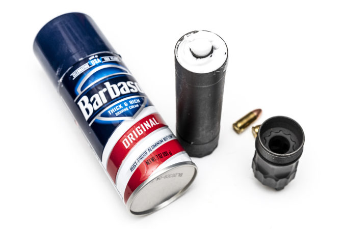 An ablative such as grease, petroleum jelly, or shaving cream (shown here) can significantly reduce first round pop (FRP) with pistol calibers.
