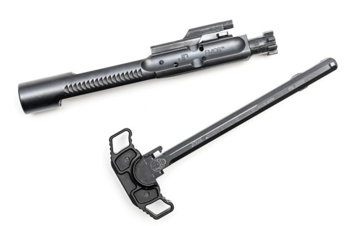 The JP FMOS bolt carrier is right at home with the Battle Arms Development RACK charging handle.