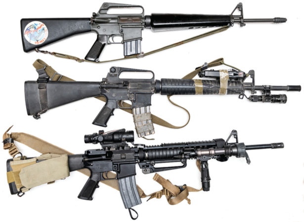 Three generations: XM16E1, M16A2, M16A4.