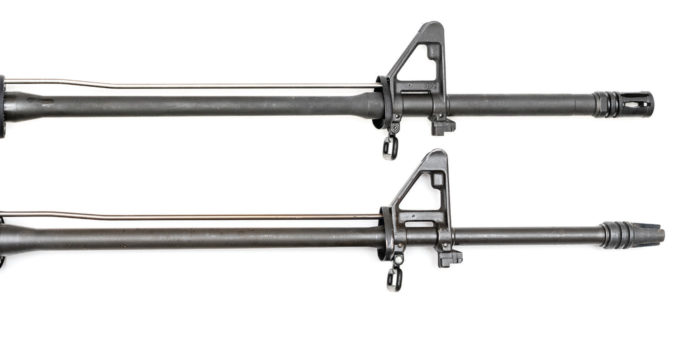The M16A2 barrel is thicker than the M16A1 from the sight block to the muzzle.