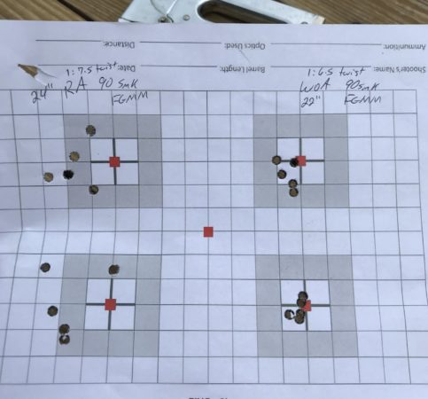 .224 Valk groups using the same 90gr Match King bullets, but using two different twist rates. (Left) 1:7.5 twist and (Right) 1:6.5 twist. Group via Sniperhide forum